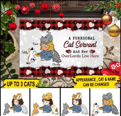 A Purrsonal Cat Servant And Her Overlords Live Here Personalized Doormat, Personalized Gift for Cat Lovers, Cat Mom, Cat Dad - DM002PS02 - BMGifts