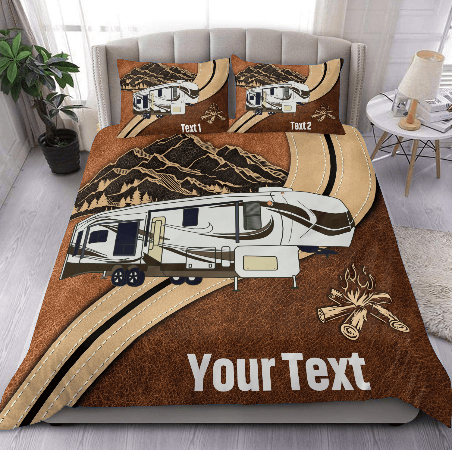 Camping Wavy All Brown Personalized Bedding Set, Personalized Gift for Camping Lovers - BD105PS08 - BMGifts