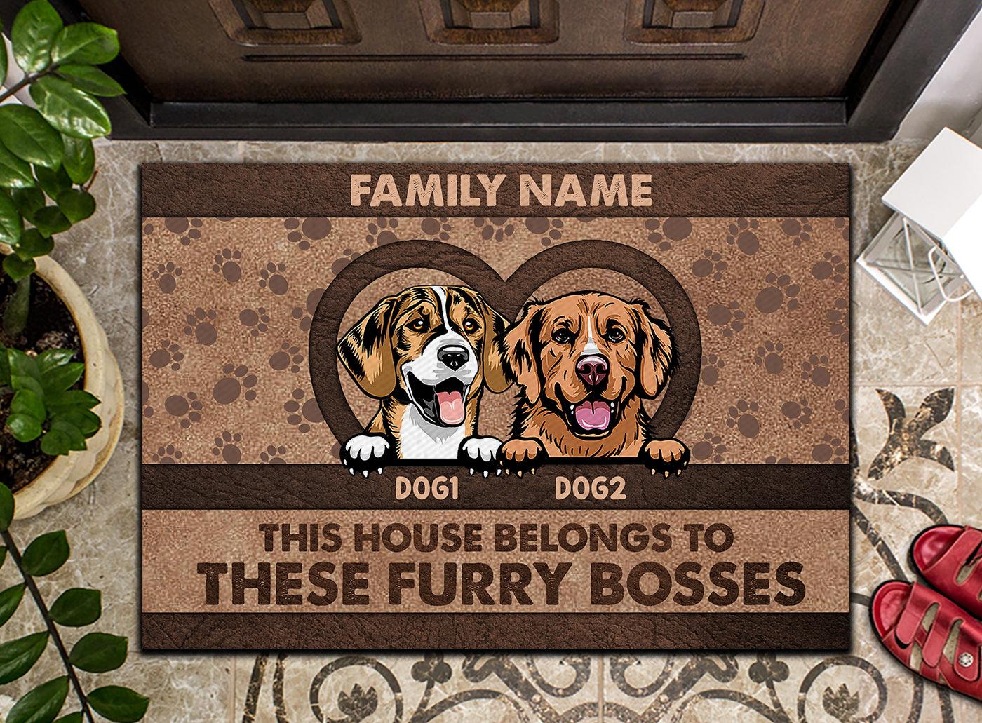 Dog House Belongs To Furry Boss Personalized Doormat, Personalized Gift for Dog Lovers, Dog Dad, Dog Mom - DM019PS07 - BMGifts