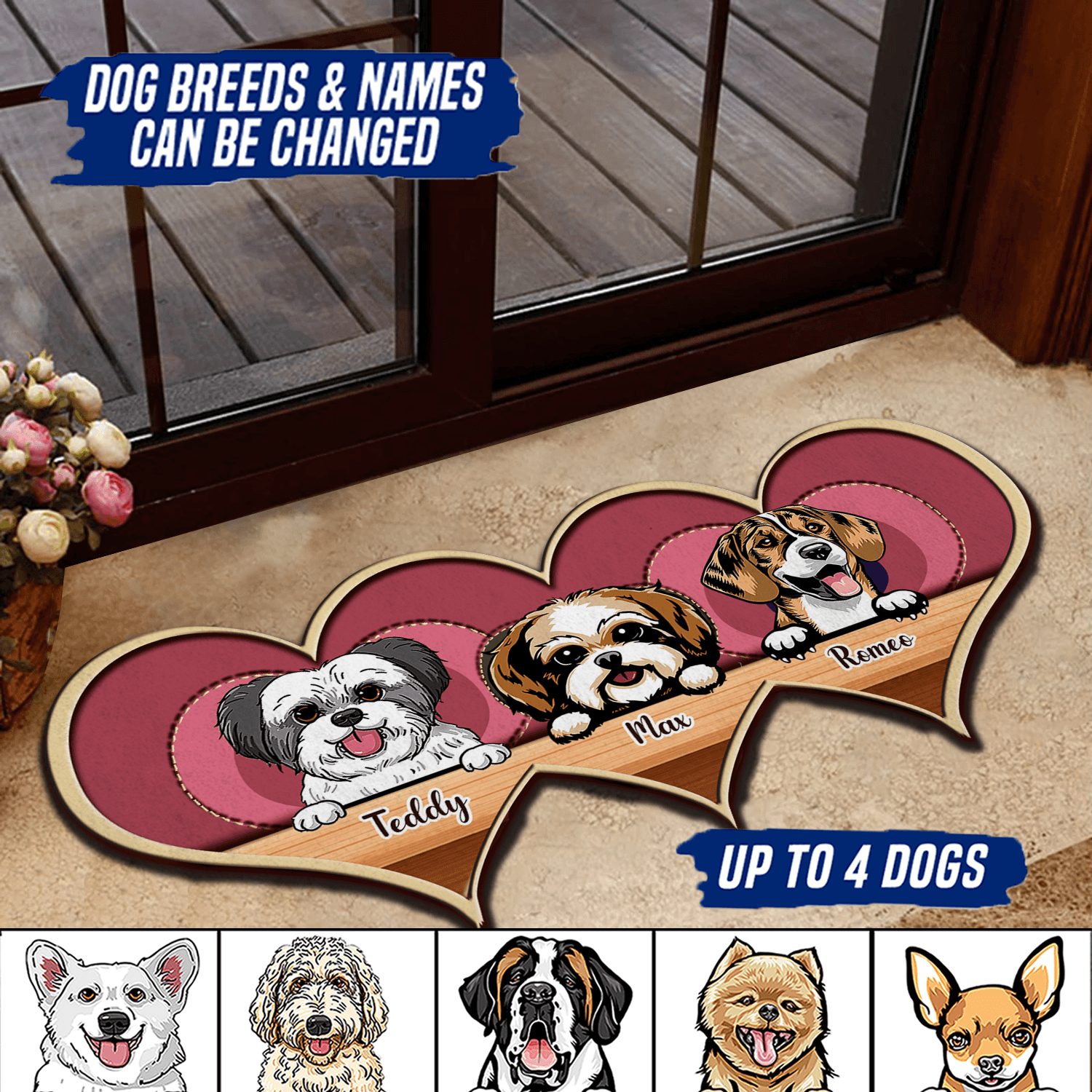 Dog Pink Hearts Personalized Custom Shaped Doormat, Personalized Gift for Dog Lovers, Dog Dad, Dog Mom - CD034PS07 - BMGifts