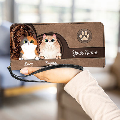 Leather Pattern Colorful Cat Personalized Clutch Purse, Personalized Gift for Cat Lovers, Cat Mom, Cat Dad - PU091PS02