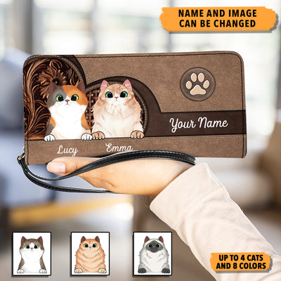 Leather Pattern Colorful Cat Personalized Clutch Purse, Personalized Gift for Cat Lovers, Cat Mom, Cat Dad - PU091PS02