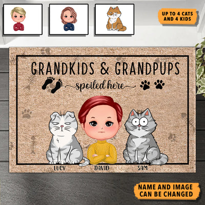 Grandkids And Grandpups Spoiled Here Cat Personalized Doormat, Personalized Gift for Cat Lovers, Cat Mom, Cat Dad - DM112PS02