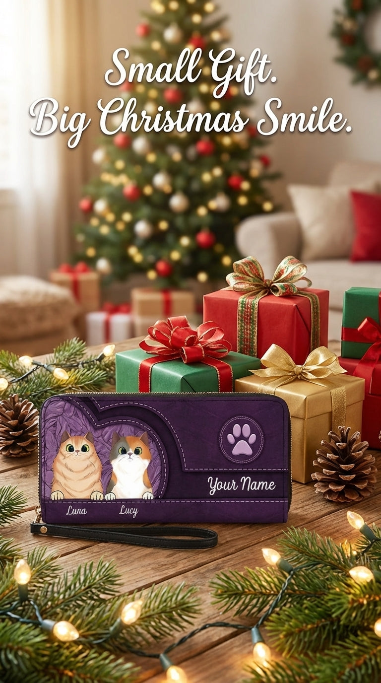 Cats In Leather Pattern Colorful Personalized Clutch Purse, Personalized Gift for Cat Lovers, Cat Mom, Cat Dad - PU068PS01