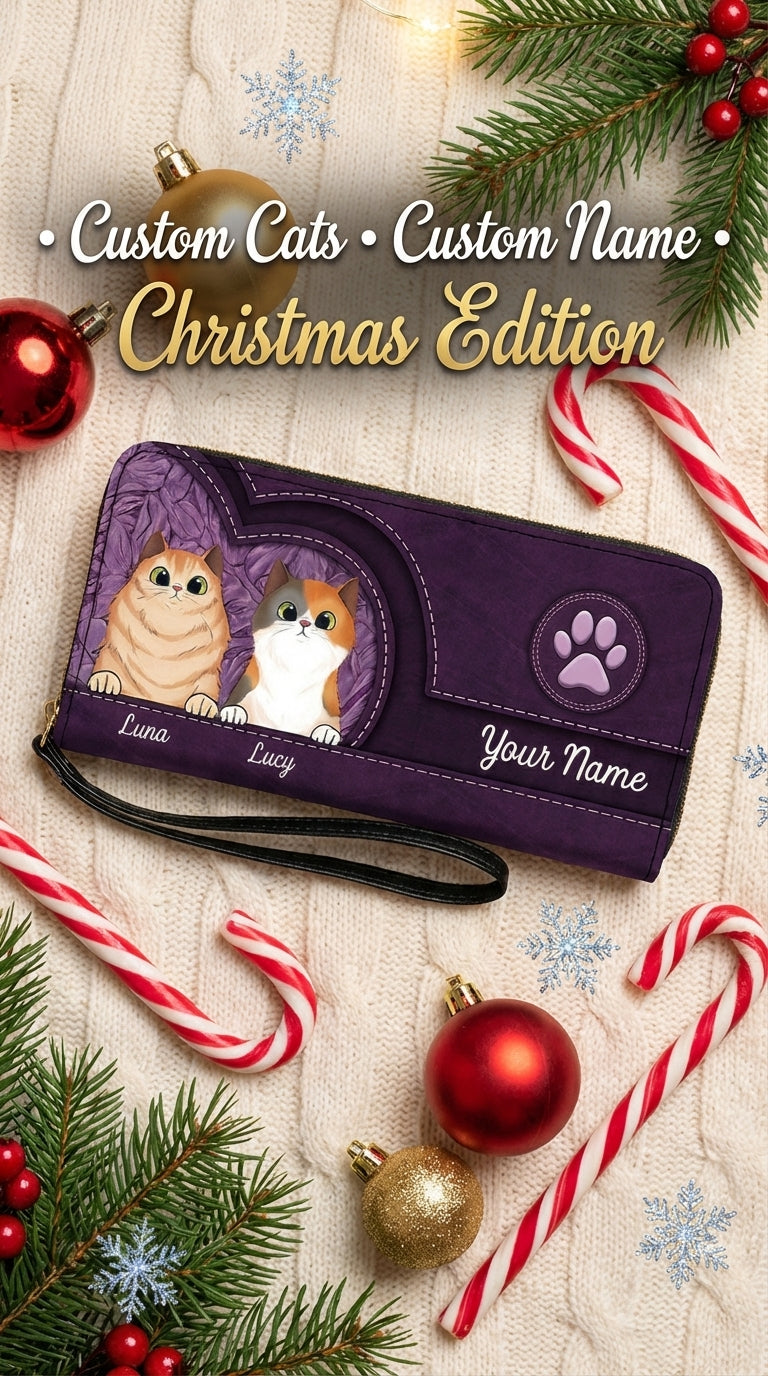 Cats In Leather Pattern Colorful Personalized Clutch Purse, Personalized Gift for Cat Lovers, Cat Mom, Cat Dad - PU068PS01