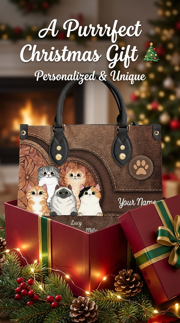 Cat Personalized Leather Handbag, Personalized Gift for Cat Lovers, Cat Mom, Cat Dad - LD031PS04