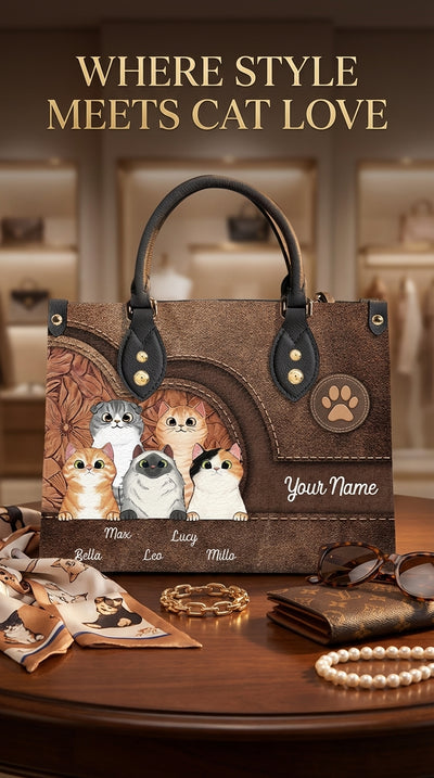 Cat Personalized Leather Handbag, Personalized Gift for Cat Lovers, Cat Mom, Cat Dad - LD031PS04