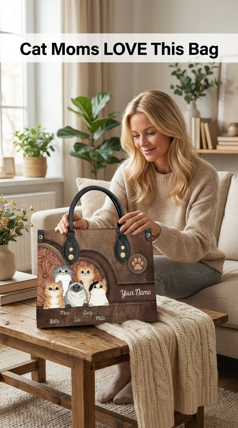 Cat Personalized Leather Handbag, Personalized Gift for Cat Lovers, Cat Mom, Cat Dad - LD031PS04