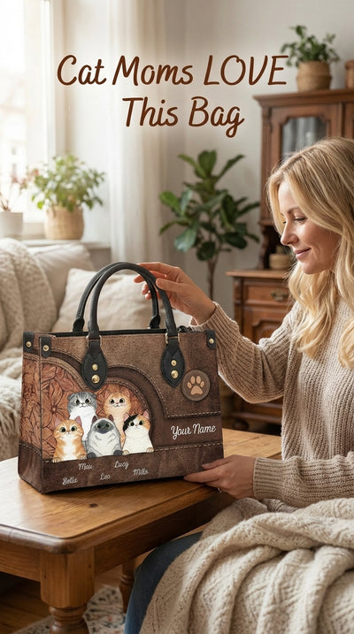 Cat Personalized Leather Handbag, Personalized Gift for Cat Lovers, Cat Mom, Cat Dad - LD031PS04