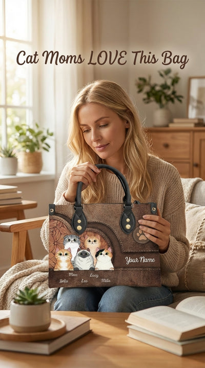 Cat Personalized Leather Handbag, Personalized Gift for Cat Lovers, Cat Mom, Cat Dad - LD031PS04