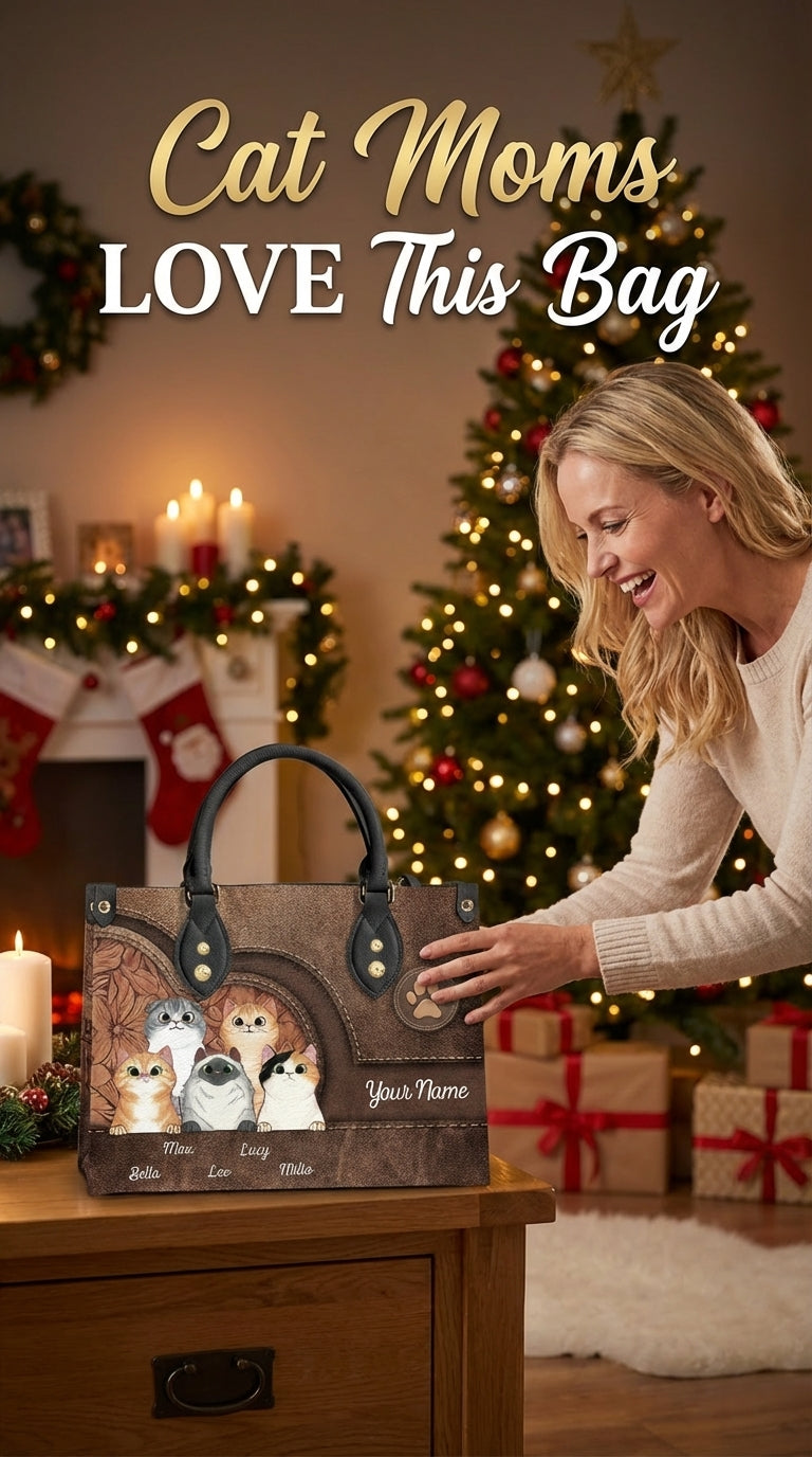 Cat Personalized Leather Handbag, Personalized Gift for Cat Lovers, Cat Mom, Cat Dad - LD031PS04