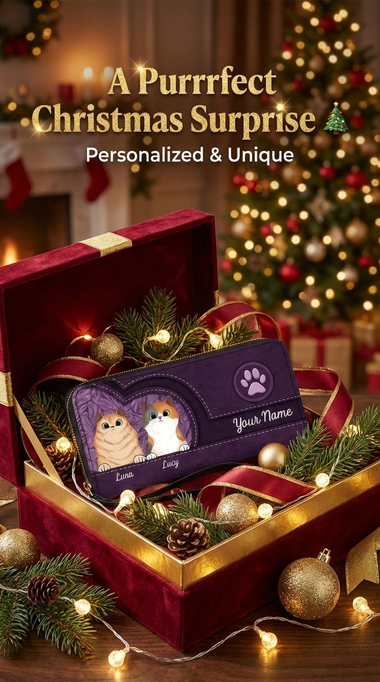 Cats In Leather Pattern Colorful Personalized Clutch Purse, Personalized Gift for Cat Lovers, Cat Mom, Cat Dad - PU068PS01