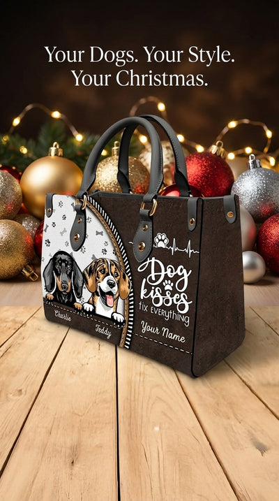 Dog Kisses Fix Everything Dog Personalized Leather Handbag, Gift for Dog Lovers, Dog Dad, Dog Mom - LD108PS02