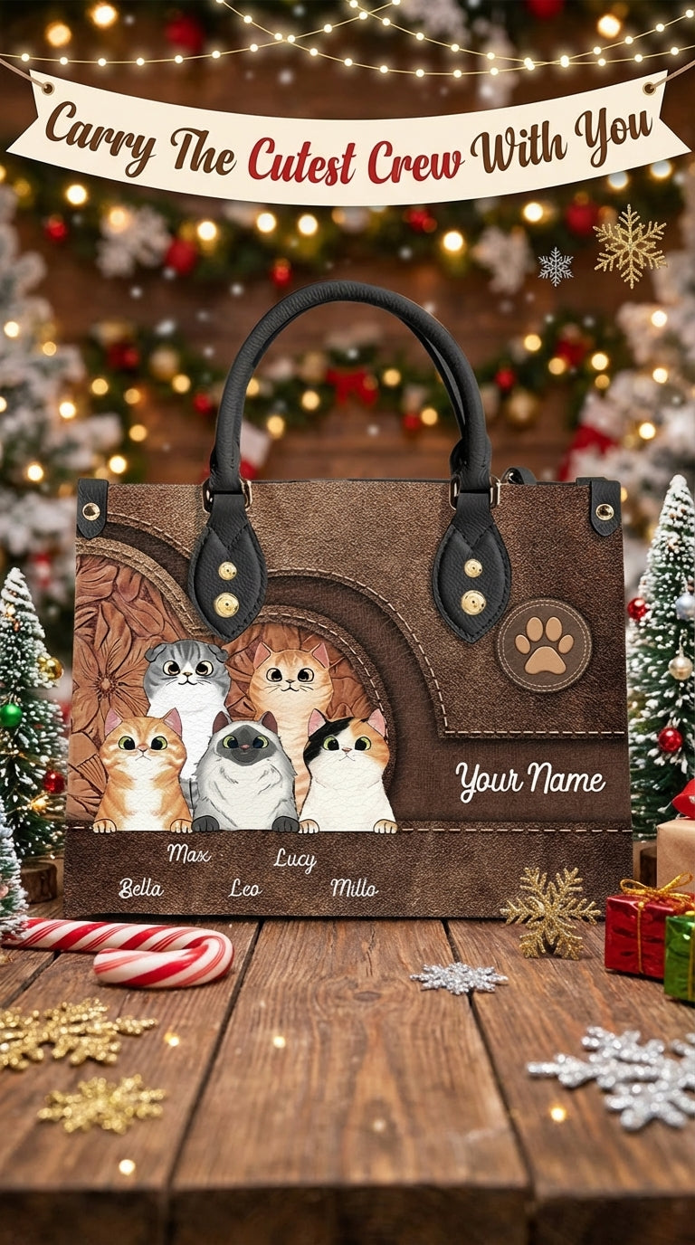 Cat Personalized Leather Handbag, Personalized Gift for Cat Lovers, Cat Mom, Cat Dad - LD031PS04
