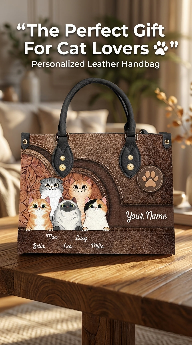 Cat Personalized Leather Handbag, Personalized Gift for Cat Lovers, Cat Mom, Cat Dad - LD031PS04
