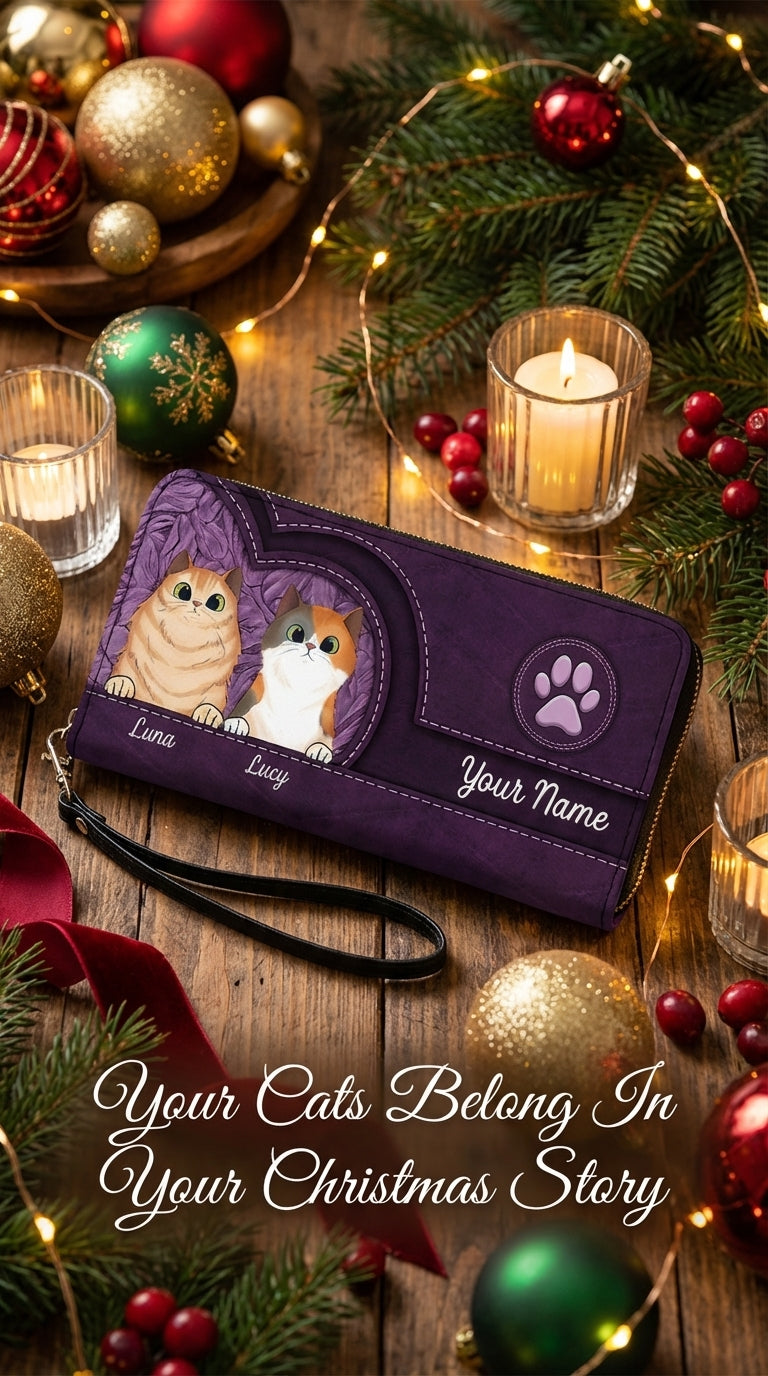 Cats In Leather Pattern Colorful Personalized Clutch Purse, Personalized Gift for Cat Lovers, Cat Mom, Cat Dad - PU068PS01