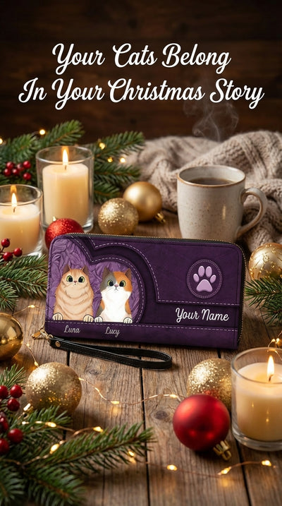 Cats In Leather Pattern Colorful Personalized Clutch Purse, Personalized Gift for Cat Lovers, Cat Mom, Cat Dad - PU068PS01