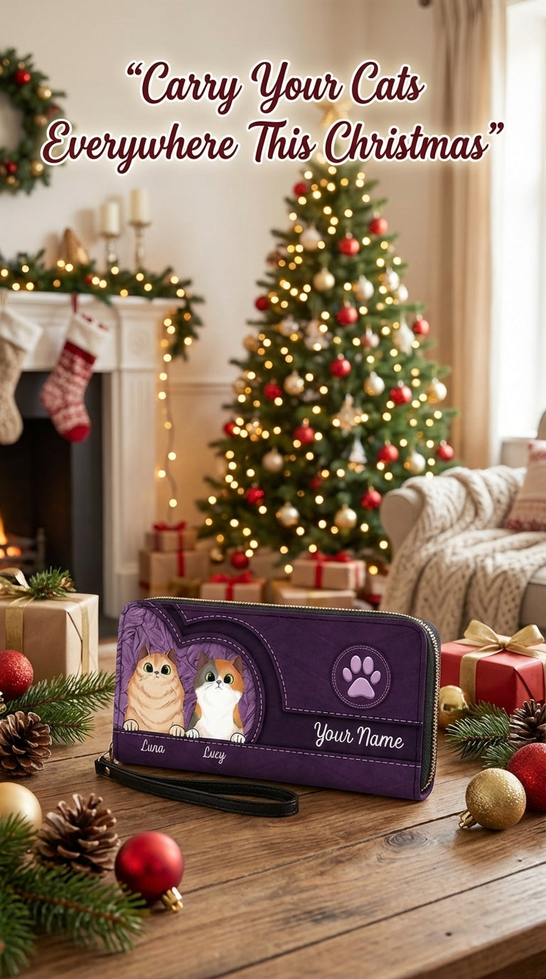 Cats In Leather Pattern Colorful Personalized Clutch Purse, Personalized Gift for Cat Lovers, Cat Mom, Cat Dad - PU068PS01