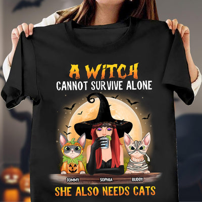 A Witch Cannot Survive Alone She Also Needs Cats Cat Personalized Shirt, Halloween Gift for Cat Lovers, Cat Mom, Cat Dad - TSB01PS02 - BMGifts