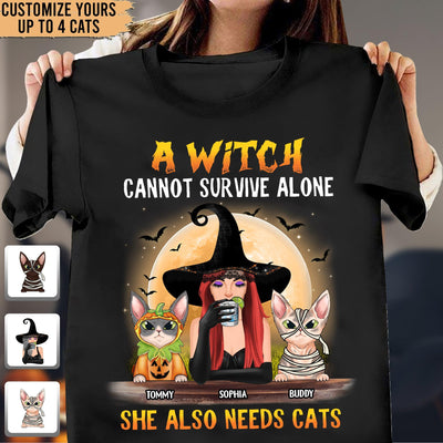 A Witch Cannot Survive Alone She Also Needs Cats Cat Personalized Shirt, Halloween Gift for Cat Lovers, Cat Mom, Cat Dad - TSB01PS02 - BMGifts