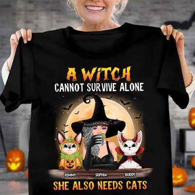 A Witch Cannot Survive Alone She Also Needs Cats Cat Personalized Shirt, Halloween Gift for Cat Lovers, Cat Mom, Cat Dad - TSB01PS02 - BMGifts