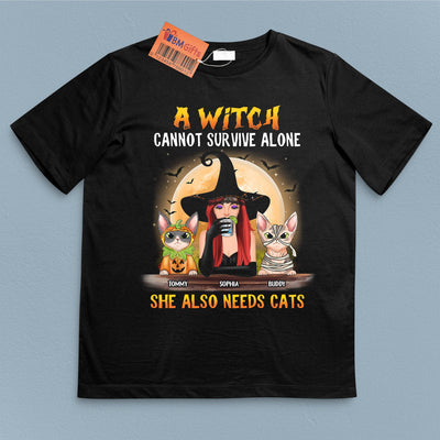 A Witch Cannot Survive Alone She Also Needs Cats Cat Personalized Shirt, Halloween Gift for Cat Lovers, Cat Mom, Cat Dad - TSB01PS02 - BMGifts