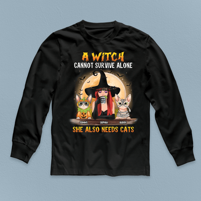 A Witch Cannot Survive Alone She Also Needs Cats Cat Personalized Shirt, Halloween Gift for Cat Lovers, Cat Mom, Cat Dad - TSB01PS02 - BMGifts