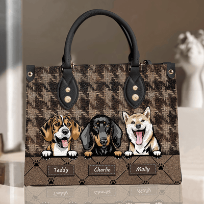Brown Houndstooth Pattern Dog Personalized Leather Handbag, Personalized Gift for Dog Lovers, Dog Dad, Dog Mom - LD003PS14 - BMGifts