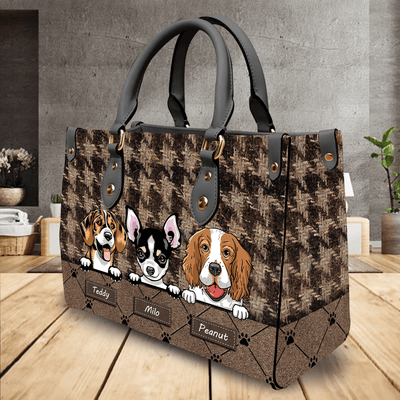 Brown Houndstooth Pattern Dog Personalized Leather Handbag, Personalized Gift for Dog Lovers, Dog Dad, Dog Mom - LD003PS14 - BMGifts