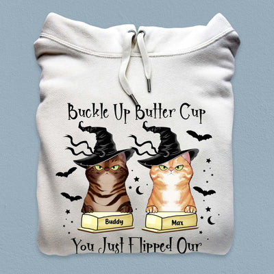 Buckle Up Butter Cup You Just Flipped Our Witch Switch Cat Personalized Shirt, Halloween Gift for Cat Lovers, Cat Mom, Cat Dad - TS070PS14 - BMGifts