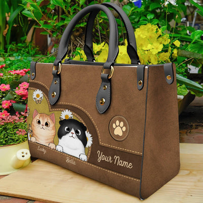 Butterfly And Flower Pattern Cat Personalized Leather Handbag, Personalized Gift for Cat Lovers, Cat Mom, Cat Dad - LD002PS14 - BMGifts