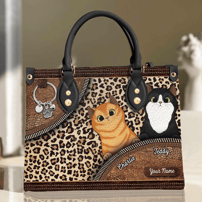 Cute Cats With Leopard Pattern Cat Personalized Leather Handbag, Personalized Gift for Cat Lovers, Cat Dad, Cat Mom - LD052PS01 - BMGifts