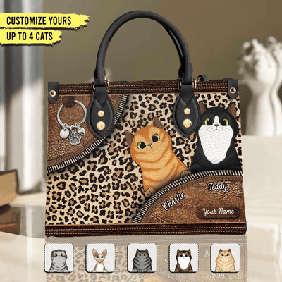 Cute Cats With Leopard Pattern Cat Personalized Leather Handbag, Personalized Gift for Cat Lovers, Cat Dad, Cat Mom - LD052PS01 - BMGifts
