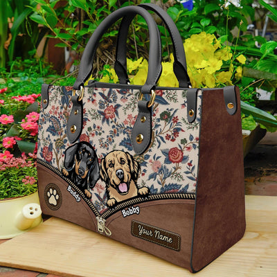 Cute Dogs With Flower Pattern Dog Personalized Leather Handbag, Personalized Gift for Dog Lovers, Dog Dad, Dog Mom - LD050PS01 - BMGifts