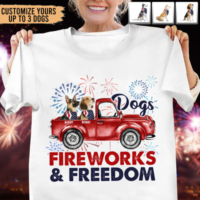 Dogs, Fireworks And Freedom Dog Personalized Shirt, US Independence Day Gift for Dog Lovers, Dog Dad, Dog Mom - TSA04PS01 - BMGifts