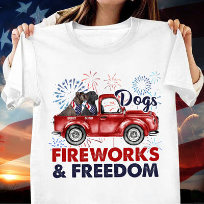 Dogs, Fireworks And Freedom Dog Personalized Shirt, US Independence Day Gift for Dog Lovers, Dog Dad, Dog Mom - TSA04PS01 - BMGifts