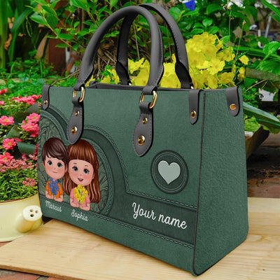 Grandma's Sweathearts With Colorful Background Grandma Personalized Leather Handbag, Personalized Mother's Day Gift for Nana, Grandma, Grandmother, Grandparents - LD048PS01 - BMGifts