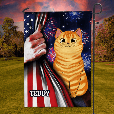 Happy 4th July Flag of the United States With FireWork Cat Personalized Flag, US Independence Day Gift for Cat Lovers, Cat Mom, Cat Dad - GA002PS14 - BMGifts