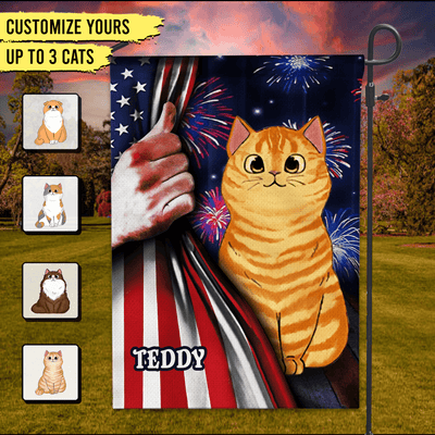 Happy 4th July Flag of the United States With FireWork Cat Personalized Flag, US Independence Day Gift for Cat Lovers, Cat Mom, Cat Dad - GA002PS14 - BMGifts