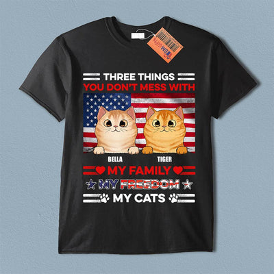 Happy 4th July Three Things You Don't Mess With My Family Cat Personalized T-shirt, US Independence Day Gift for Cat Lovers, Cat Dad, Cat Mom - TS044PS15 - BMGifts