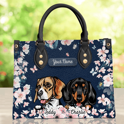 Pink Orchids Flower With Dark Blue Background Dog Personalized Leather Handbag, Personalized Gift for Dog Lovers, Dog Dad, Dog Mom - LD006PS14 - BMGifts