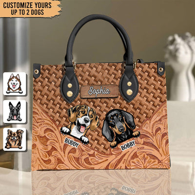 Rattan Knitting Pattern Brown Color Dog Personalized Leather Handbag, Personalized Gift for Dog Lovers, Dog Dad, Dog Mom - LD113PS02 - BMGifts