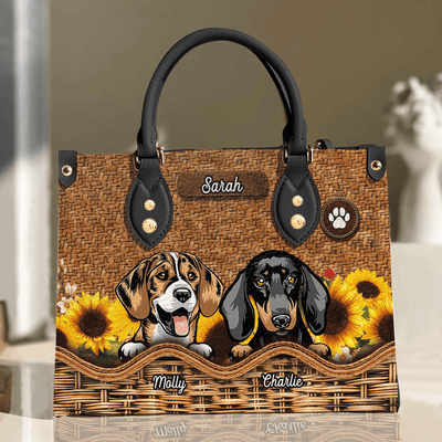 Sun Flowers With Rattan Pattern Dog Personalized Leather Handbag, Personalized Gift for Dog Lovers, Dog Dad, Dog Mom - LD007PS14 - BMGifts