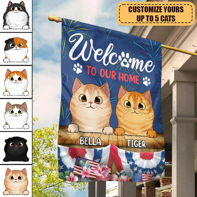 Welcom To Our Home Cat Personalized Flag, US Independence Day Gift for Cat Lovers, Cat Mom, Cat Dad - GA008PS14 - BMGifts