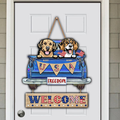 Welcome USA Dog Personalized Custom Shaped Wooden Sign, US Independence Day Gift for Dog Lovers, Dog Dad, Dog Mom - CS001PS14 - BMGifts