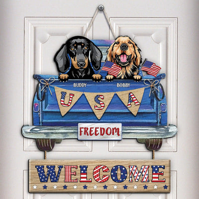 Welcome USA Dog Personalized Custom Shaped Wooden Sign, US Independence Day Gift for Dog Lovers, Dog Dad, Dog Mom - CS001PS14 - BMGifts