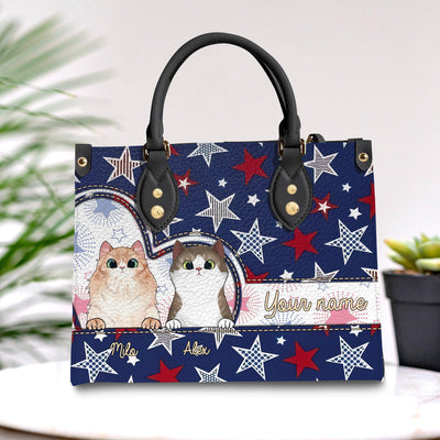 4th July Star Background Cat Personalized Leather Handbag, Personalized Gift for Cat Lovers, Cat Mom, Cat Dad - LD304PS06 - BMGifts