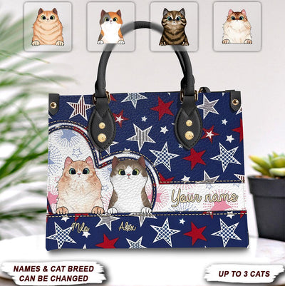 4th July Star Background Cat Personalized Leather Handbag, Personalized Gift for Cat Lovers, Cat Mom, Cat Dad - LD304PS06 - BMGifts