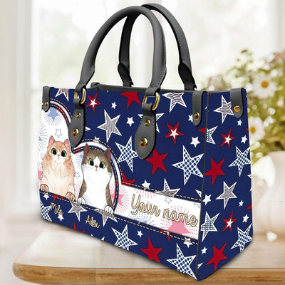 4th July Star Background Cat Personalized Leather Handbag, Personalized Gift for Cat Lovers, Cat Mom, Cat Dad - LD304PS06 - BMGifts