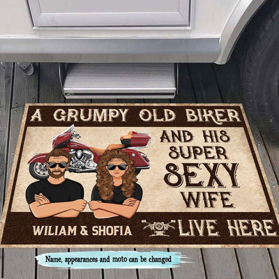 A Grumpy Old Biker And His Super Sexy Wife Live Here Motorcycle Personalized Doormat, Personalized Gift for Motorcycle Lovers, Motorcycle Riders - DM027PS05 - BMGifts